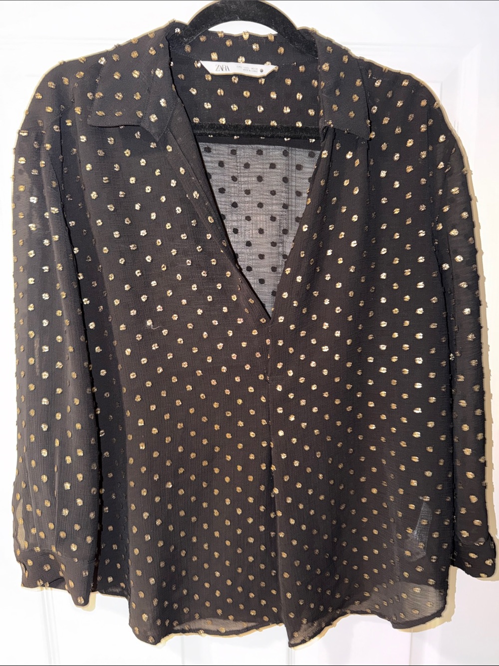 Zara Black Blouse with Gold Dot Pattern